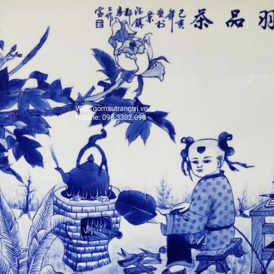 Tranh Thần Trà vẽ tay men chàm